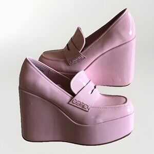 Bamboo Women’s Pink Patent Leather Platform Wedge Heels Loafers Size 8